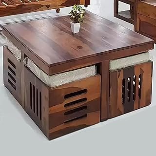 WiproWood Sheesham Wood Center Coffee Table Set with 4 Stools for Living Room Home Hall